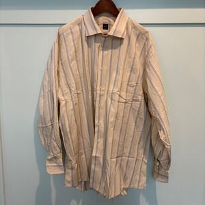 Ike Behar Dress Shirt Mens 18.5-35 Yellow Tan Blue Striped Cotton Button Peru